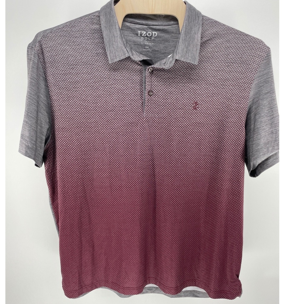 IZOD Golf Polo Shirt Mens XXL Grey Burgundy Excellent Ombre Micro Dot Stretch